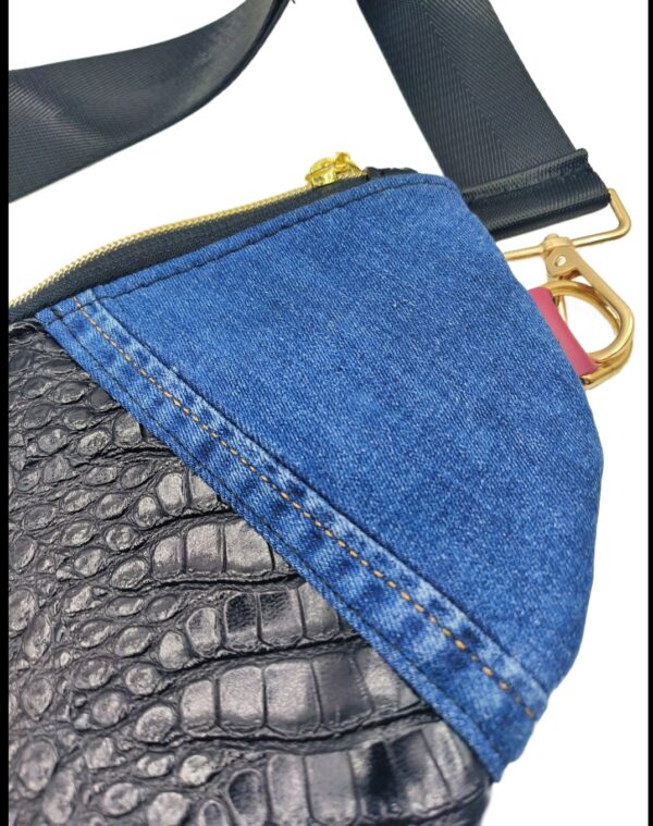 sac banane réversible jeans recyclé simili cuir croco et léopard